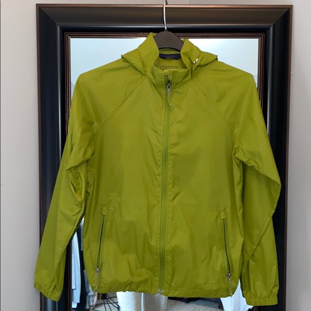 olive green LL Bean rain jacket